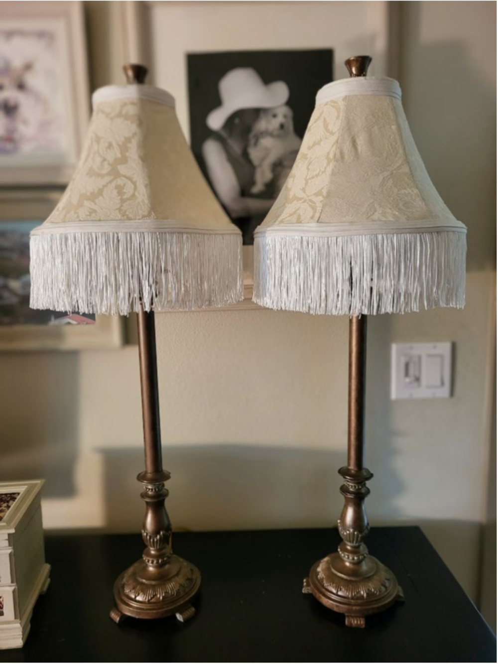 Vintage Pair Hollywood Regency Fringe Table Lamps Ivory Damask Shades